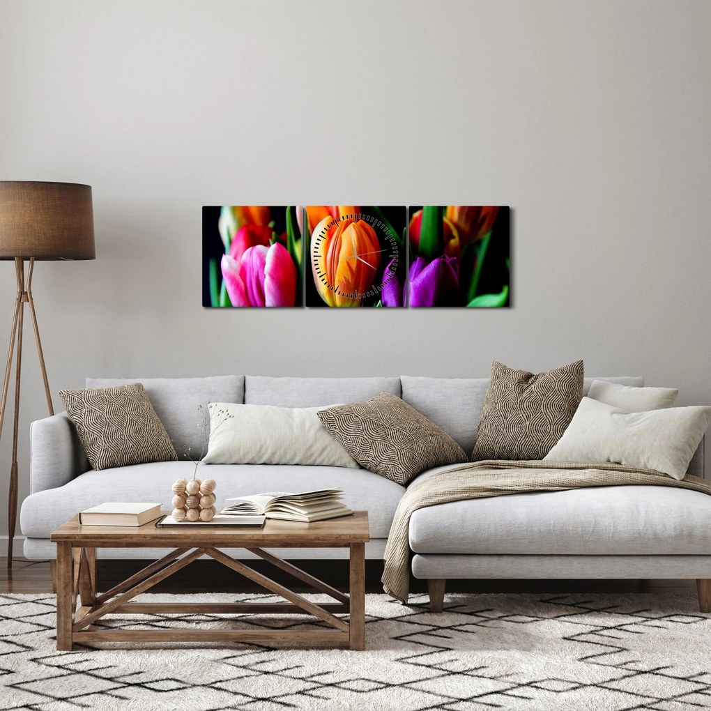 Tablou -Lalele pe fond negru (cu ceas) (90x30 cm)