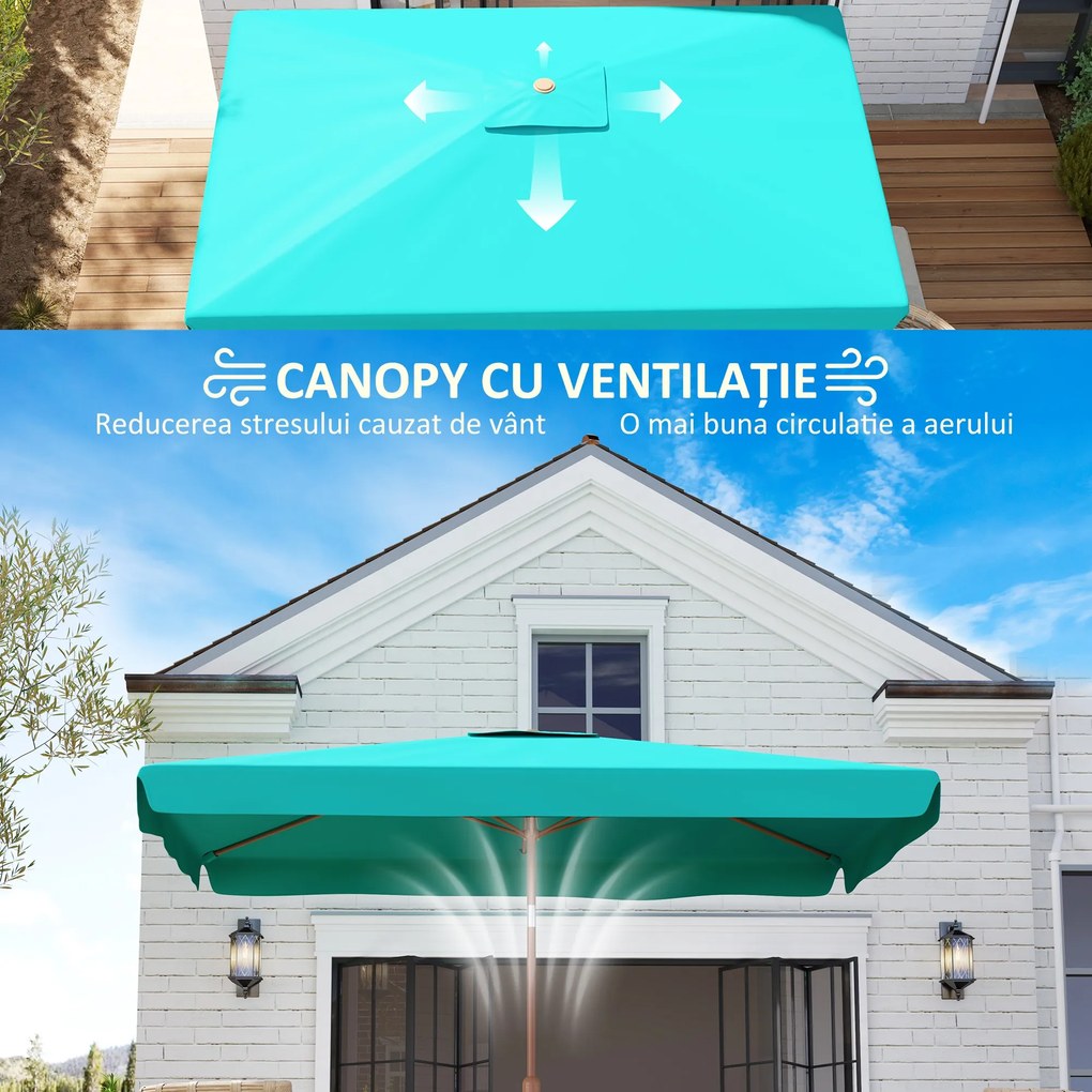 Outsunny Umbrelă de Grădină Înclinabilă cu Deschidere cu Manivelă și Orificiu de Aerisire, 300x200x235 cm, Turcoaz | Aosom Romania