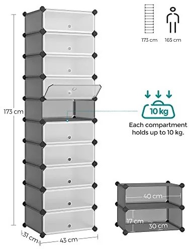 Organizator incaltaminte cu 10 compartimente, polipropilena / metal, alb / gri, Songmics