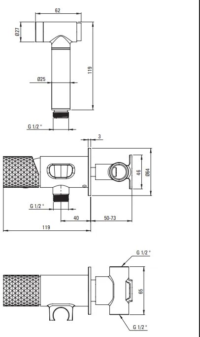 Baterie bideu incastrata cu para de dus, otel, Deante Silia Hexa