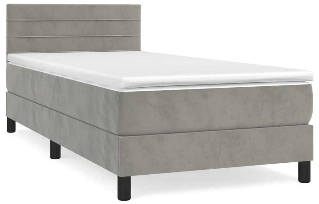 Pat box spring cu saltea, gri deschis, 100x200 cm, catifea Gri deschis, 100 x 200 cm, Benzi orizontale