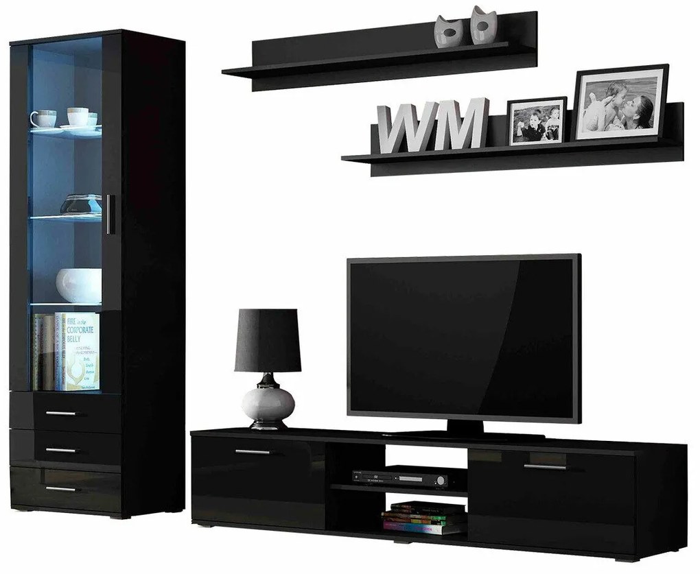 Camera de zi Charlotte E107Negru lucios, Negru, Cu componente suplimentare, Părți separate, Cu comodă tv, PAL laminat, 192x43cm, 93 kg