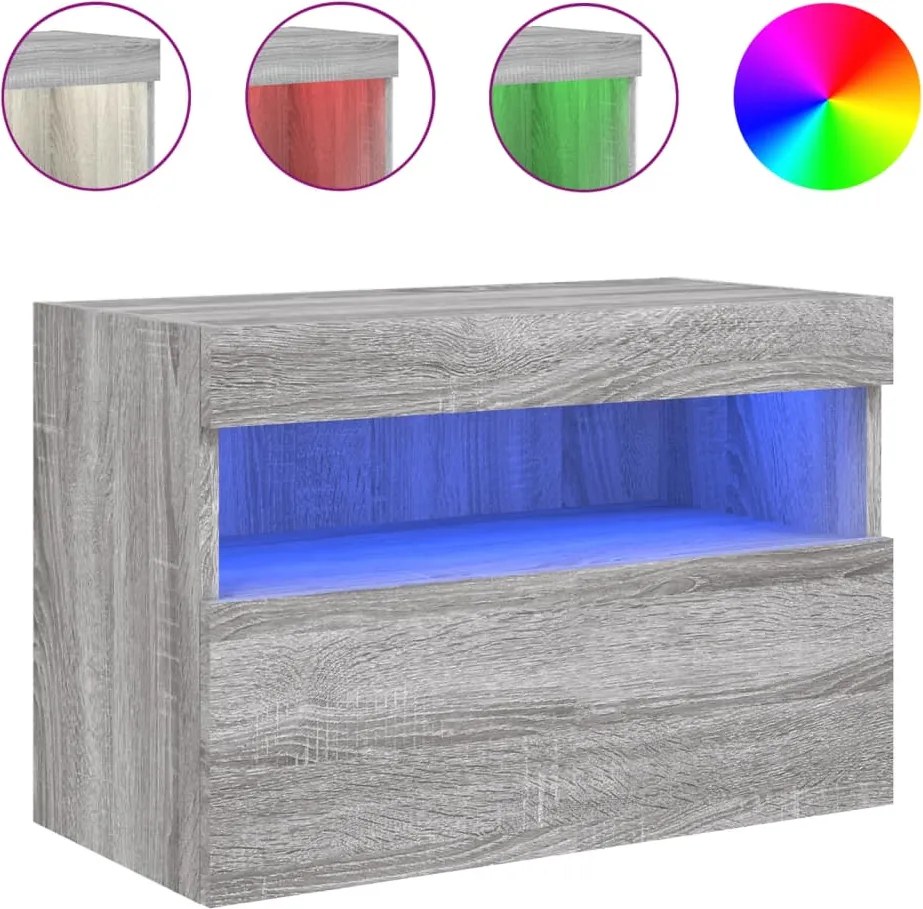vidaXL Comodă TV de perete cu lumini LED, gri sonoma, 60x30x40 cm