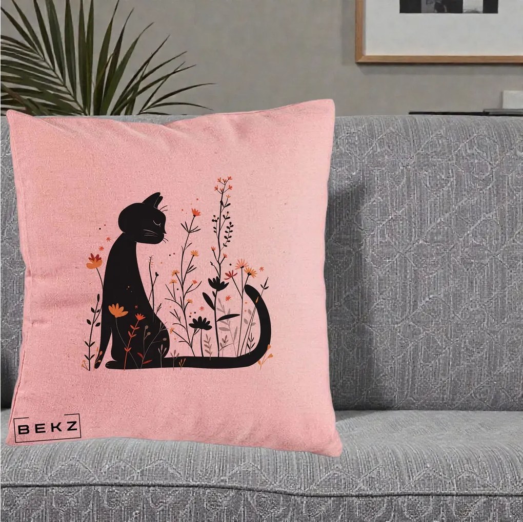 Perna Decorativa Pisica Neagra Flori Portocalii Silueta, 40x40 cm, Roz, Husa Detasabila, Perna Inclusa, BEKZ®