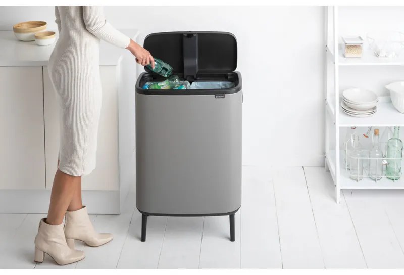 Cos de gunoi Brabantia Bo Touch Hi 1001266, 2x30 L, Perfect langa perete, Reglare picioare, Acoperit cu minerale, Gri