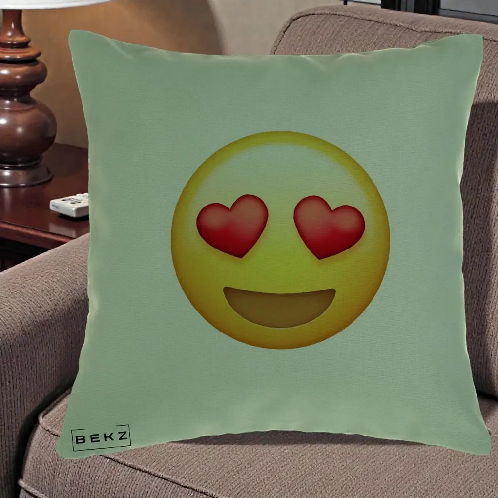 Perna Decorativa Emoji Inimi in Ochi, 40x40 cm, Verde, Husa Detasabila, Perna Inclusa, BEKZ®