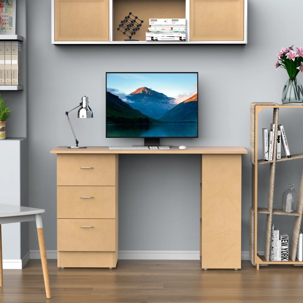 Homcom Birou modern cu 3 Sertare si Rafturi in Lemn Natural 120x49x72cm