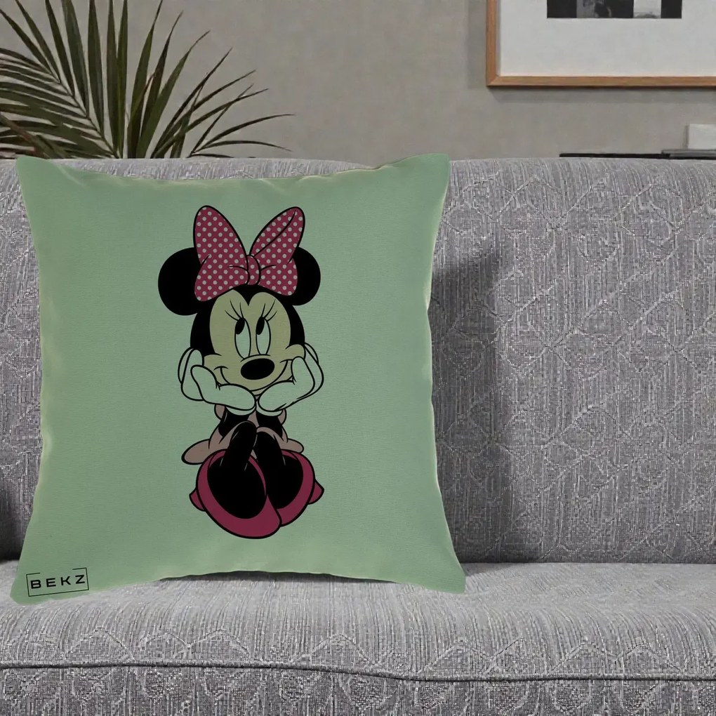 Perna Personalizata Minnie Mouse cu Fundita, 40x40 cm, Verde, Husa Detasabila, Perna Inclusa, BEKZ®