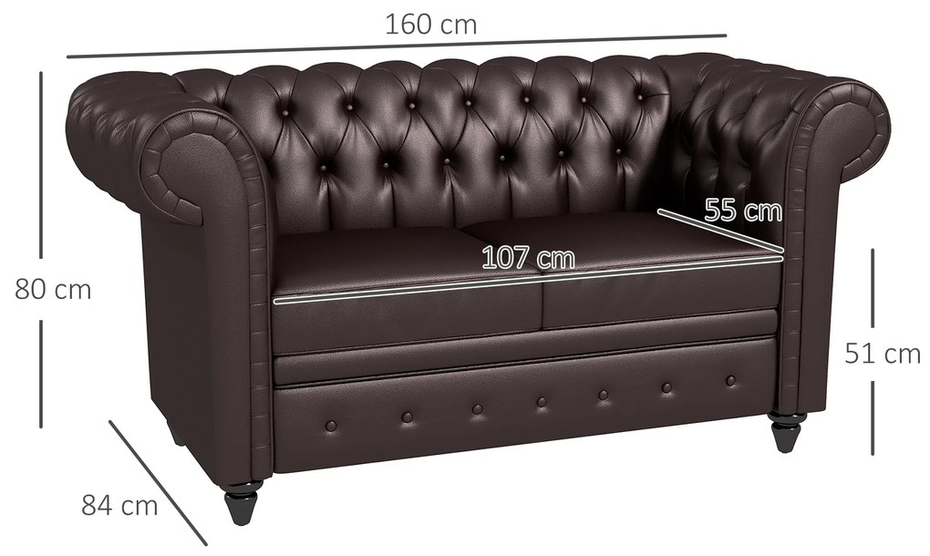 HOMCOM Canapea cu 2 locuri in stil Chesterfield din piele ecologica, lemn si metal, canapea clasica cu perna detasabila, 160x84x80 cm, maro