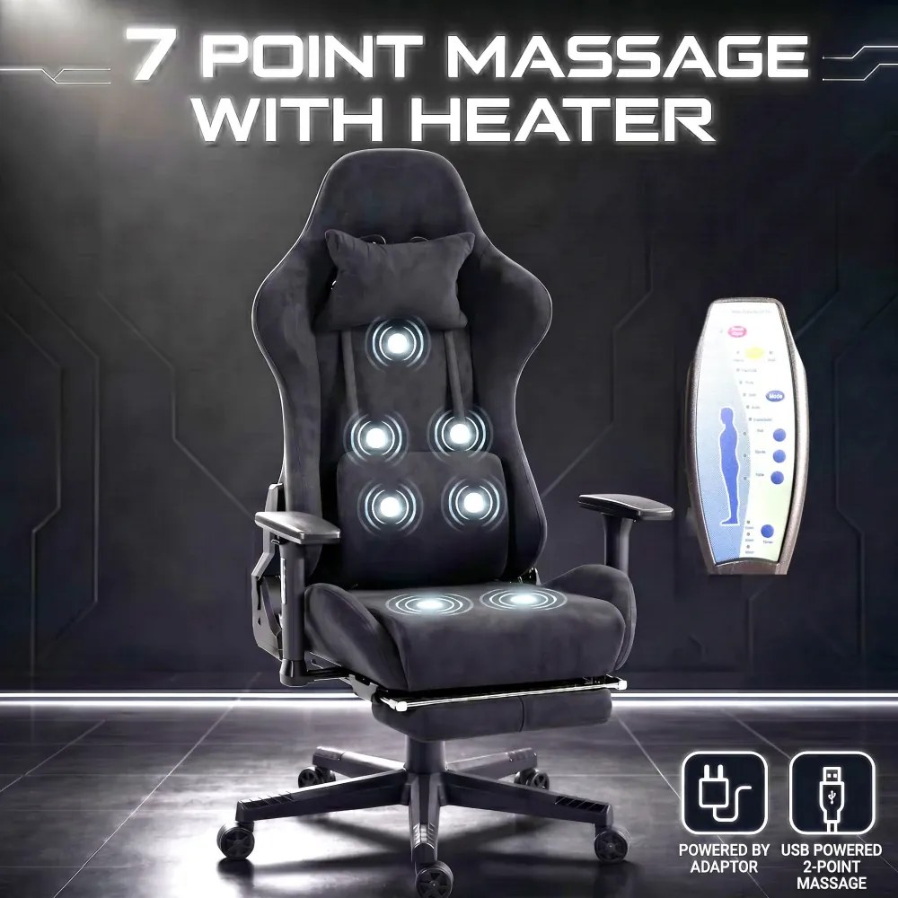 Scaun Gaming cu Masaj 7 Puncte și Încălzire, Telecomanda, Cotiere 3D, Reclinare 180°, Suport Picioare, Catifea, Negru