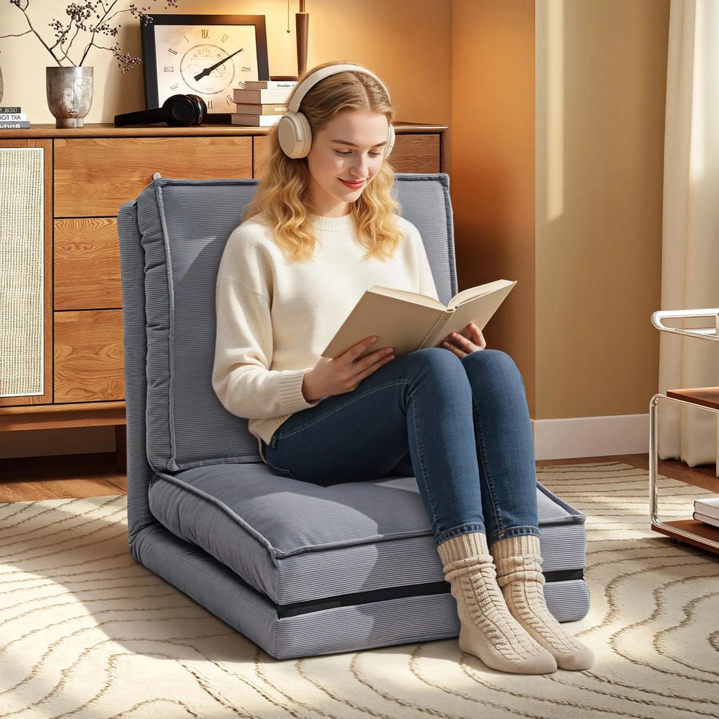 HOMCOM Fotoliu de podea pliabil din velur canaletat, saltea pentru podea cu spătar reglabil în 5 poziții, 59 x 230 x 15 cm, gri | Aosom Romania