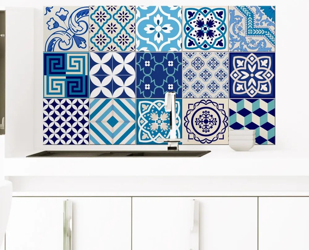 Set 15 autocolante de perete Ambiance Azur, 10 x 10 cm