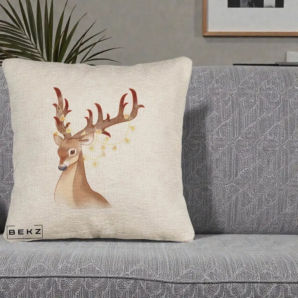 Perna Decorativa Ren cu Luminite de Craciun, 40x40 cm, Bej Canapea, Husa Detasabila, Perna Inclusa, BEKZ®