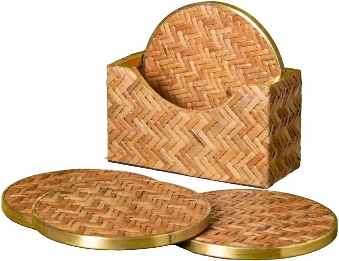 Set 4 suporturi pentru pahare din ratan împletit artizanal, bordură aurie, natur, 10 cm, „Rivan"