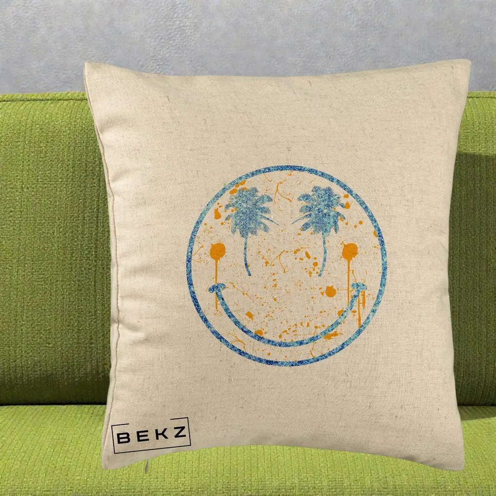 Perna Decorativa Smiley Face Tropical Albastru Glitter si Portocaliu, 40x40 cm, Bej, Husa Detasabila, Perna Inclusa, BEKZ®