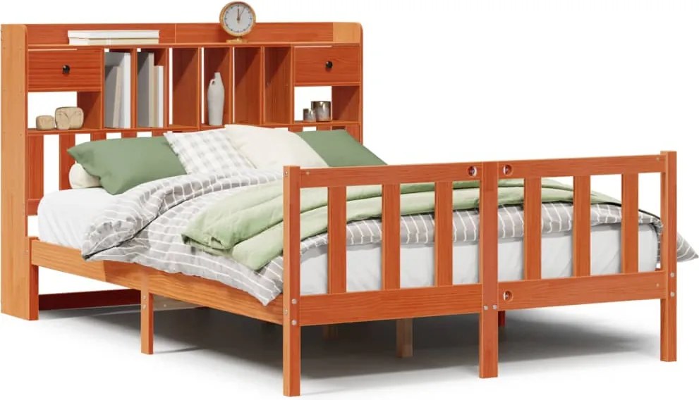 vidaXL Pat cu bibliotecă fără saltea maro 150x200 cm lemn masiv de pin
