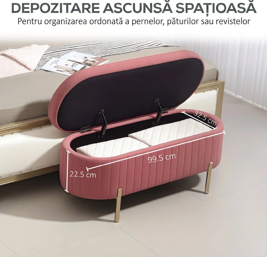 HOMCOM Bancă ovală cu spațiu de depozitare 72 L, cu capac rabatabil, din catifea și lemn, 108 x 44 x 43,5 cm, roz | Aosom Romania