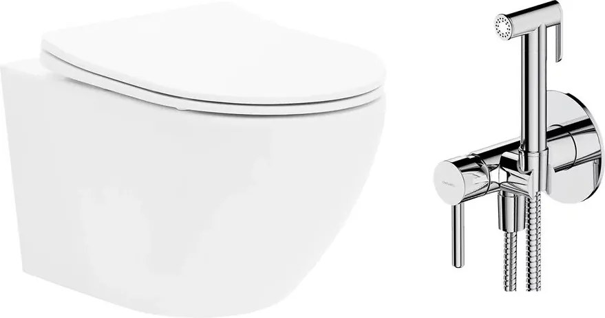 Pachet vas wc suspendat Rea Carlo Mini Basic, capac softclose si set dus igiena intima crom cu baterie incastrata Omnires Y