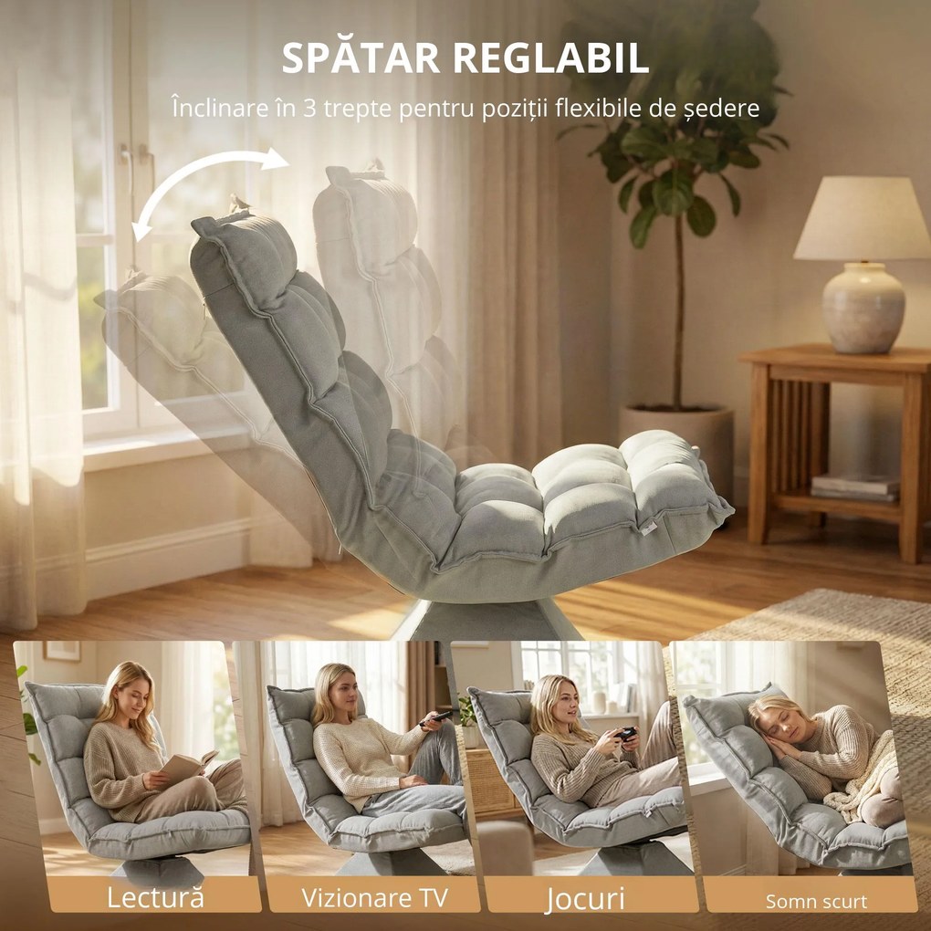 HOMCOM Scaun de podea, stil contemporan, Oțel, Material textil cu efect de catifea, 62 x 70 x 95 cm, Gri | Aosom Romania
