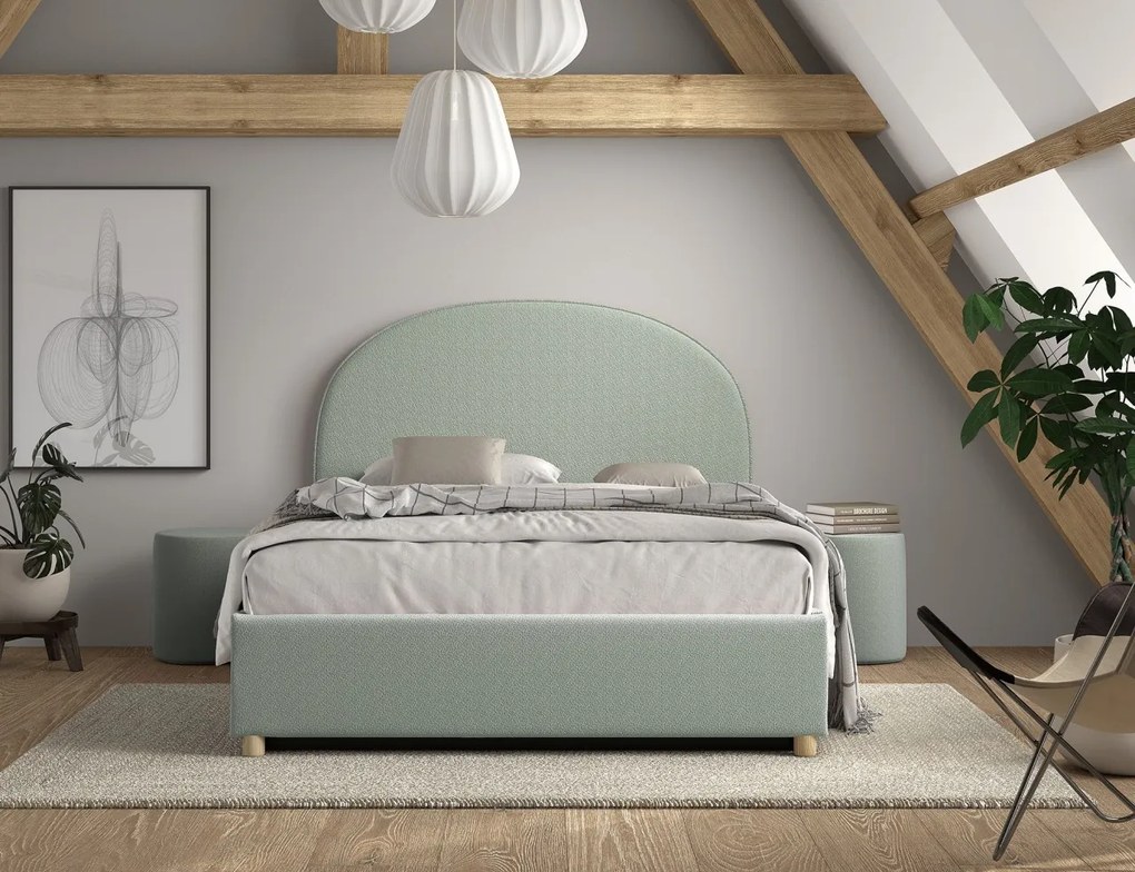 Set MOON: pat tapițat 90 x 200 cm verde cu țesătură bouclé și spațiu de depozitare + taburet verde multifuncțional – Vipack