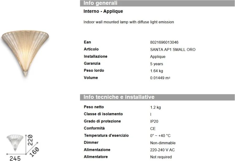 Aplica de perete Santa AP1 Small Oro 013046