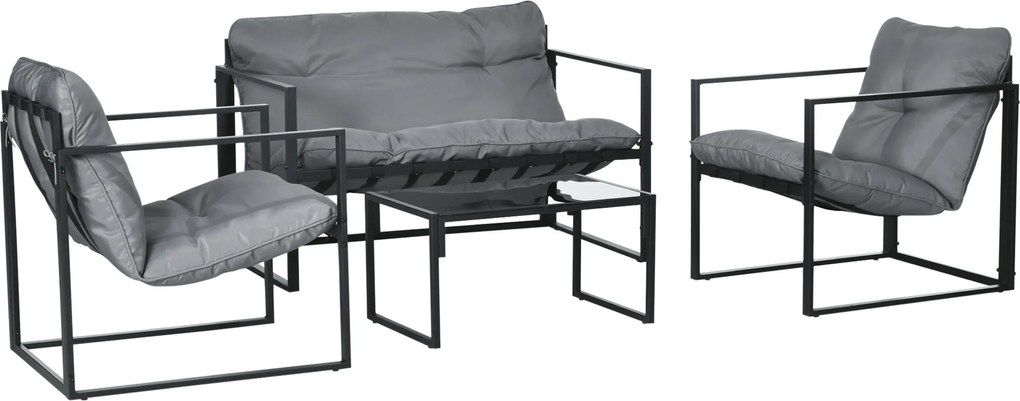 Outsunny Set Mobilier de Exterior cu Măsuță din Sticlă, Canapea, 2 Fotolii și Perne, Gri | Aosom Romania