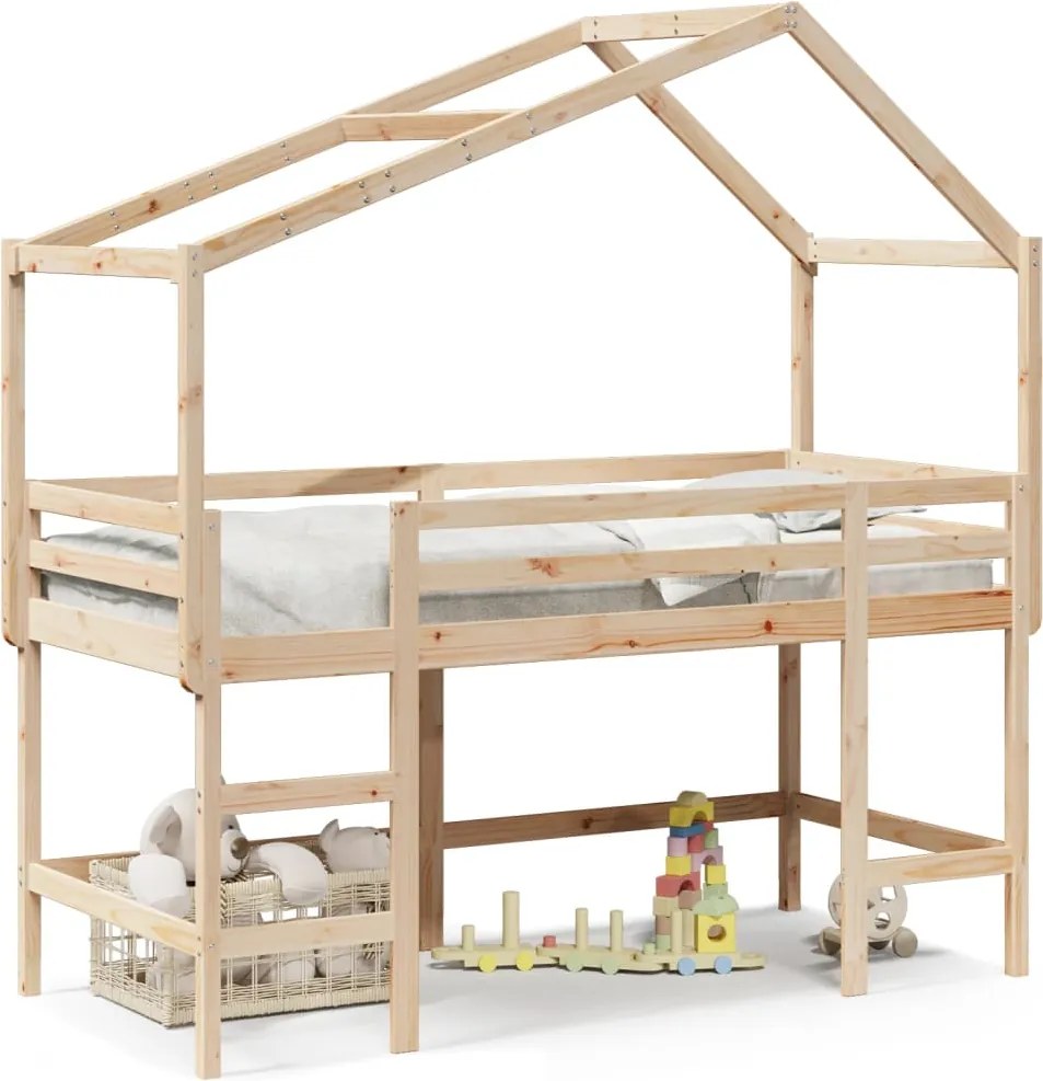 vidaXL Pat etajat cu scară și acoperiș, alb, 80x200 cm, lemn masiv pin