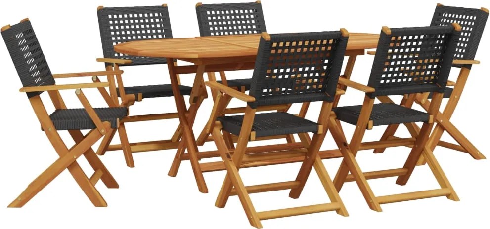 vidaXL Set masă pentru grădină, 7 piese, negru, poliratan/lemn masiv