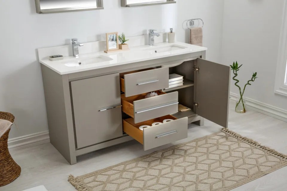 Set Mobilier Baie Superior 60, Include Dulap Baza cu Lavoar Dublu și 2 Oglinzi, 150 cm, Gri