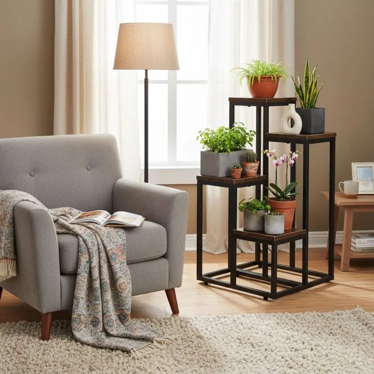 Suport pentru flori Loft - 4 rafturi, oțel negru și decor din lemn