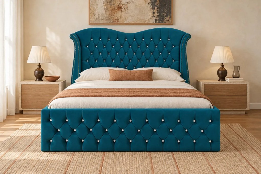Pat tapițat Chesterfield Avella 160×200 cm, turcoaz, cu ladă de depozitare