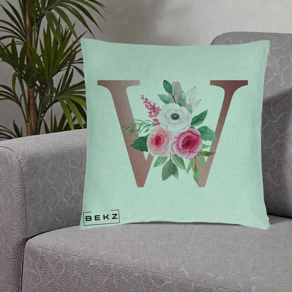 Cadou Personalizat - Perna Personalizata Monograma Rose Gold Litera W cu Trandafiri si Anemona, 40x40 cm, Verde Menta, Husa Detasabila, Perna Inclusa, BEKZ®
