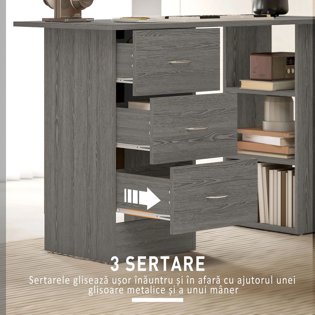 HOMCOM Birou modern cu 3 Sertare si Rafturi in Lemn Alb 120x49x72cm | Aosom Romania