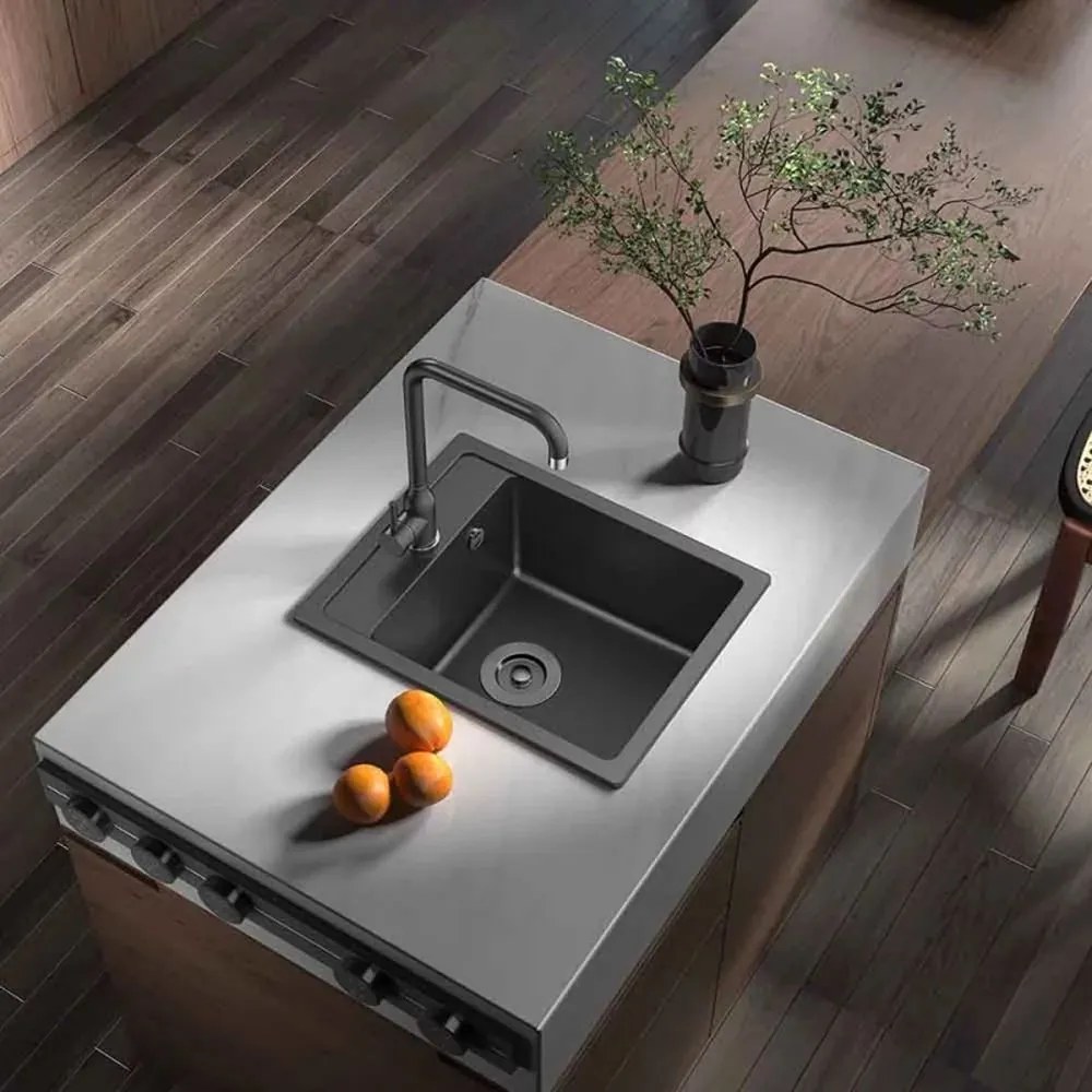Chiuveta compozit Inter Ceramic finisaj granit negru 40x50 cm cu orificiu baterie