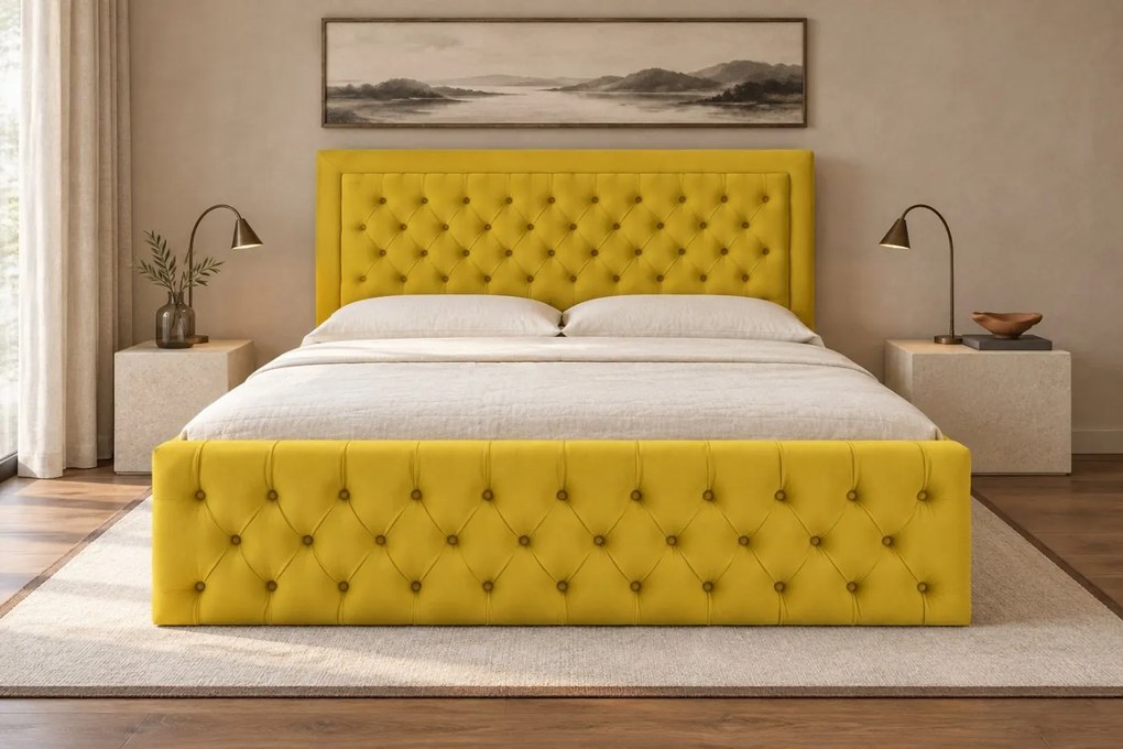 Pat tapițat Chesterfield din catifea Ophelia Deluxe 180×200 cm, galben muștar, cu ladă de depozitare
