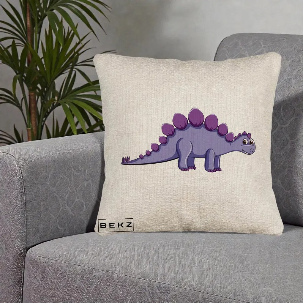 Perna Personalizata Stegozaur Mov, 40x40 cm, Bej Canapea, Husa Detasabila, Perna Inclusa, BEKZ®