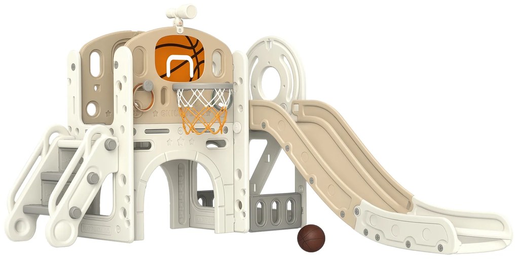 AIYAPLAY Loc de joacă pentru copii, tobogan 7-în-1, loc de joacă interior cu depozitare și tunel de târâre, 186x153x111 cm, alb crem | Aosom Romania