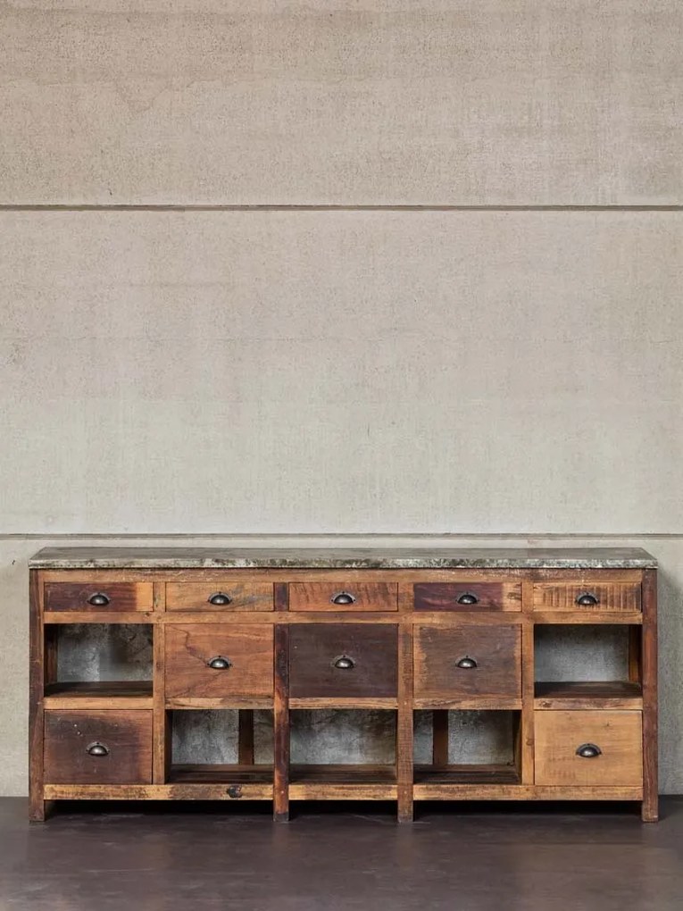 Bufet din lemn reciclat, cu sertare si rafturi, aspect vintage, Fabrica
