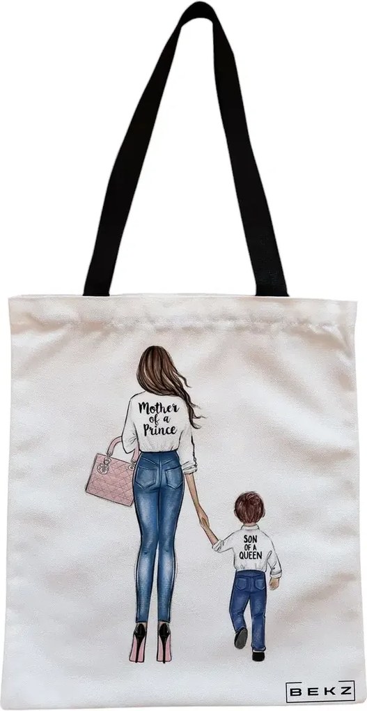 Sacosa de Panza pentru Cumparaturi, Geanta Tote, model Mother of a prince, Cu fermoar, 38x34.5 cm, Alba, BEKZ®