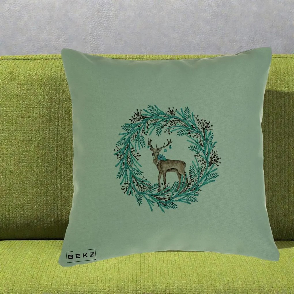 Perna Decorativa Coroana Turcoaz cu Ren, 40x40 cm, Verde, Husa Detasabila, Perna Inclusa, BEKZ®