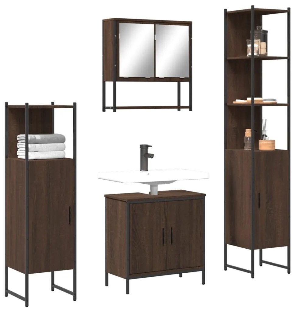 vidaXL Set mobilier de baie, 4 piese, stejar maro, lemn prelucrat
