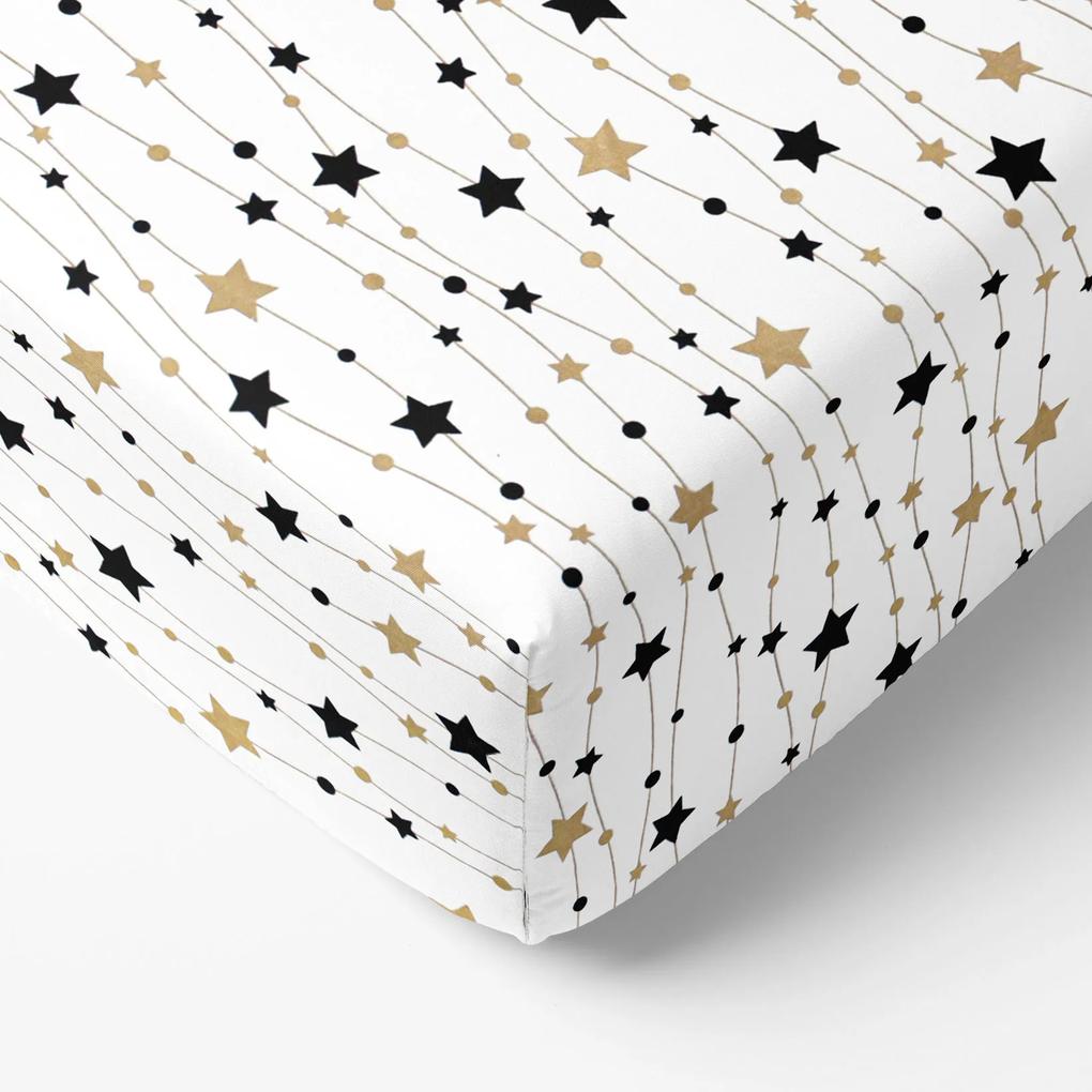 Goldea cearceaf de pat bumbac 100% cu elastic - steluțe aurii și negre pe alb 140 x 200 cm