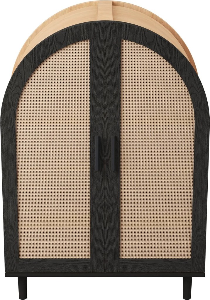 Dulap pentru pantofi cu exterior rotunjit, uși din ratan decupate și 3 rafturi, 70x40x100 cm, Culoare naturală+Negru