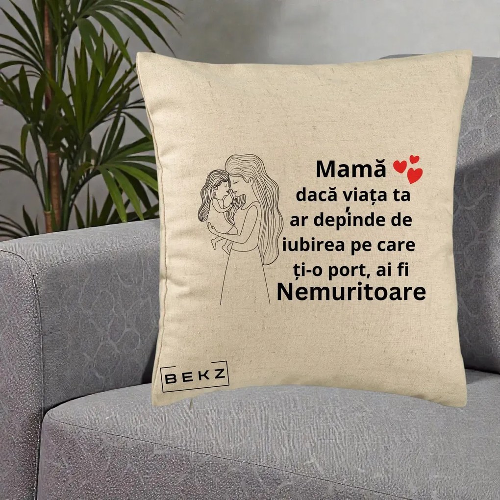 Cadou pentru Mama - Perna Personalizata Mama Nemuritoare cu Copilul in Poala, 40x40 cm, Bej, Husa Detasabila, Perna Inclusa, BEKZ®