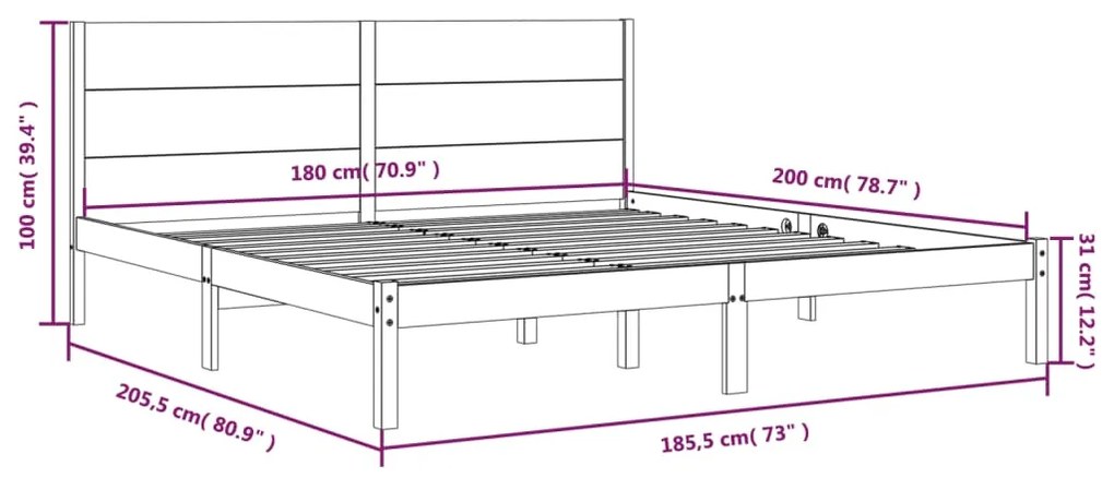 Cadru de pat Super King 6FT, gri, 180x200 cm, lemn masiv Gri, 180 x 200 cm