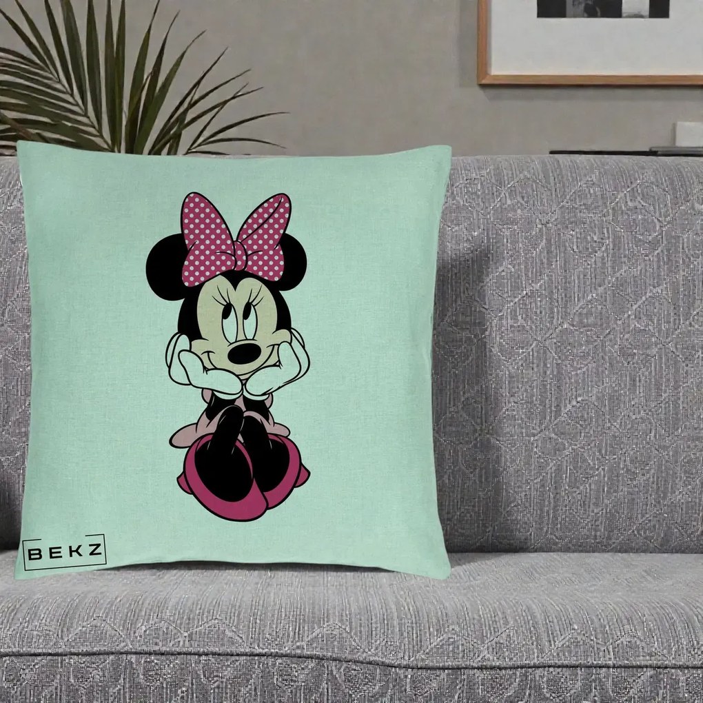 Perna Personalizata Minnie Mouse cu Fundita, 40x40 cm, Verde Menta, Husa Detasabila, Perna Inclusa, BEKZ®
