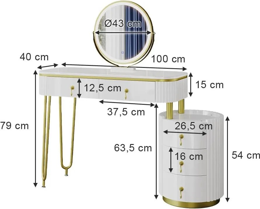 Masuta machiaj cu Oglinda LED si 5 Sertare pentru Cosmetice, Set Masa toaleta 100 cm, Alb, masuta cosmetica, vanity - SEA422
