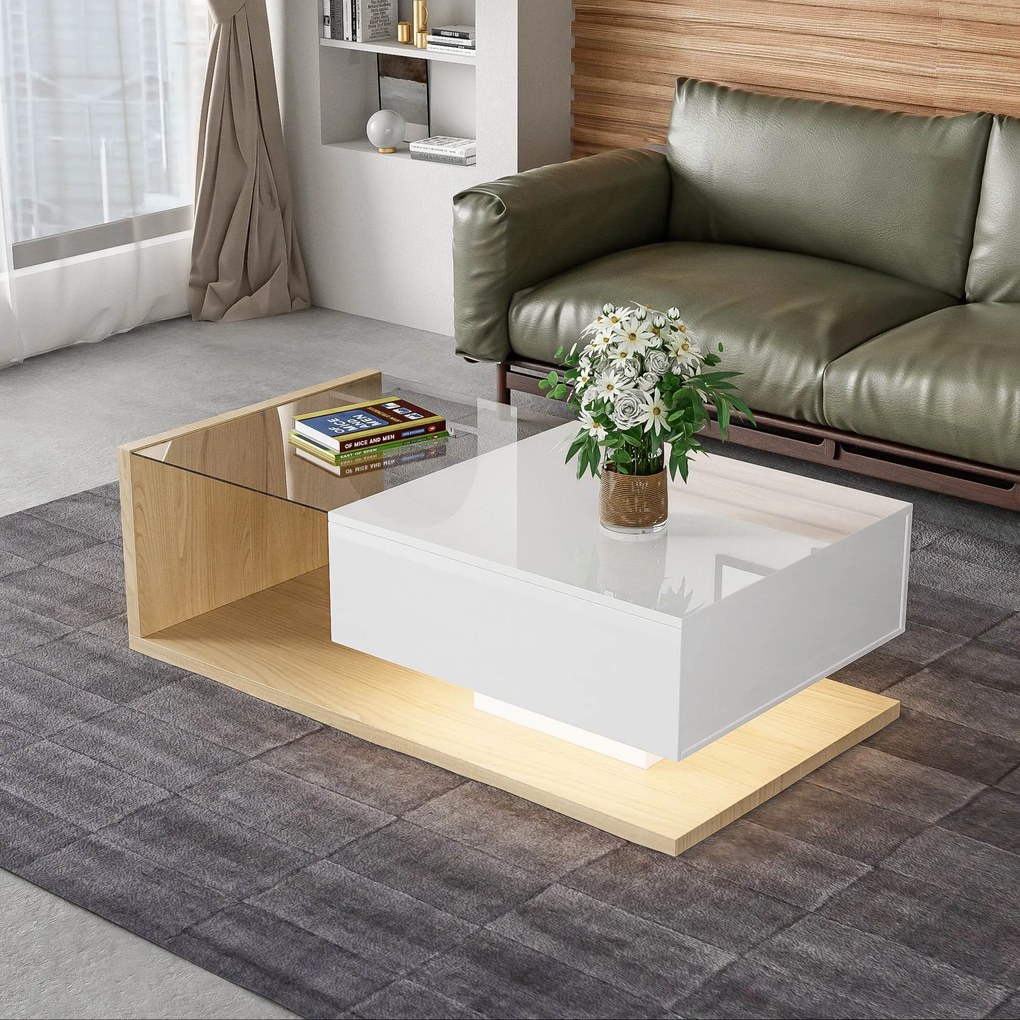 Măsuță de Cafea Modernă din Lemn cu Sticlă și LED, 105x55x32,5 cm, Naturală