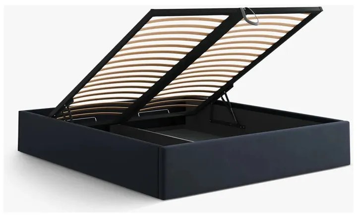 Pat matrimonial albastru închis tapițat cu spațiu de depozitare/fără tăblie cu somieră 140x200 cm Susan – Micadoni