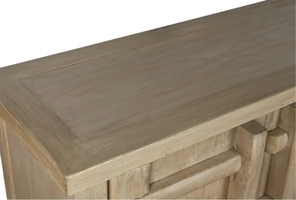 Bufet rustic din lemn de ulm reciclat, natur, cu 4 uși și decor geometric în relief, 96 x 230 x 48 cm, „Ervino”